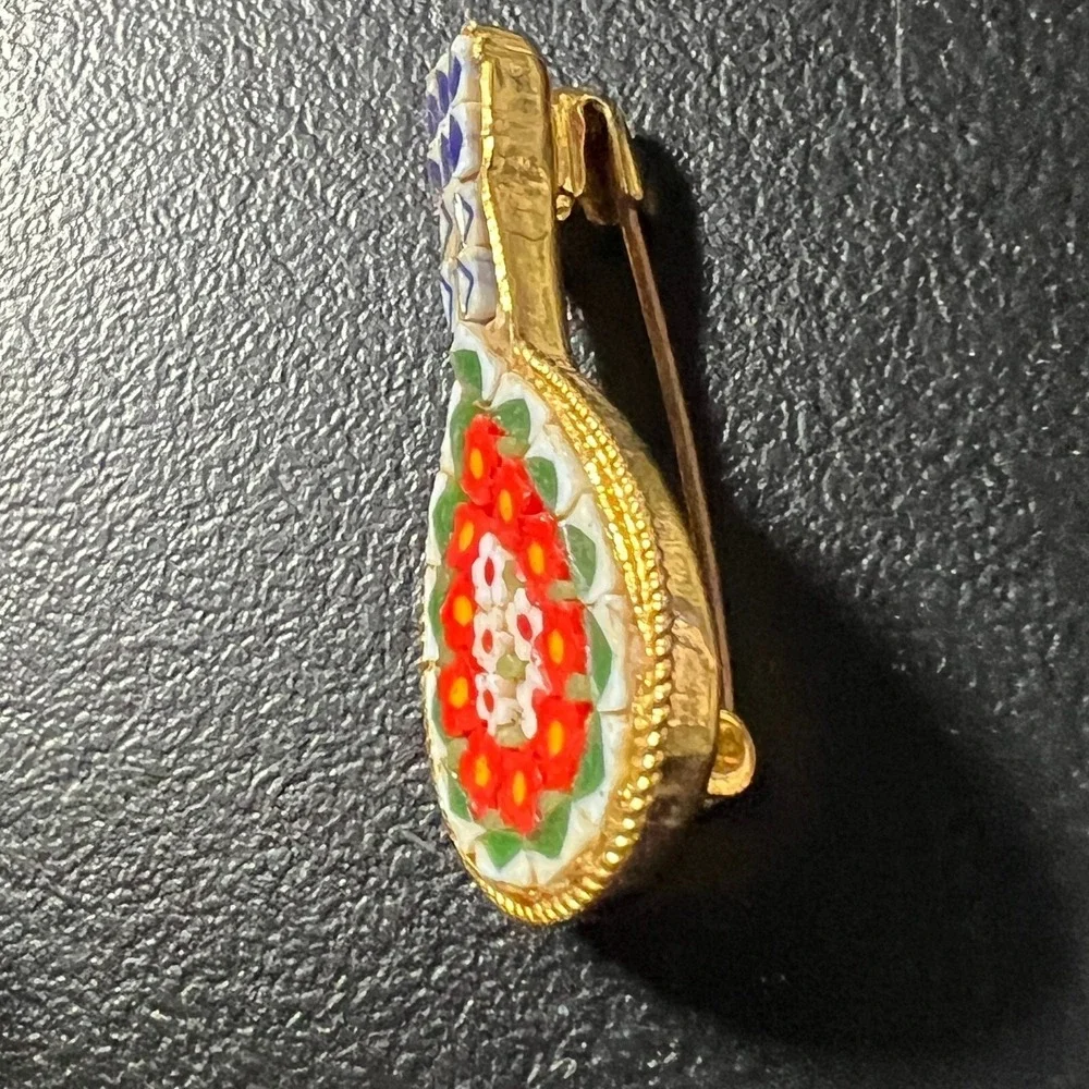 Vintage Micro Mosaic Lute Brooch Orange White Flowers Gold‎ Tone Pin